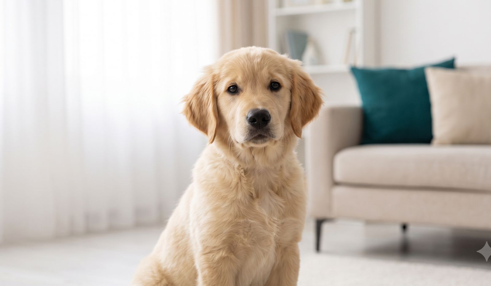 Golden retriever puppy sitting in a bright living room