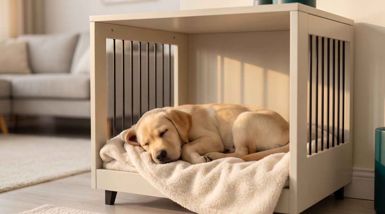 Puppy sleeping peacefully in a cozy crate