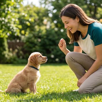 Owner rewarding a puppy outdoors on the grass