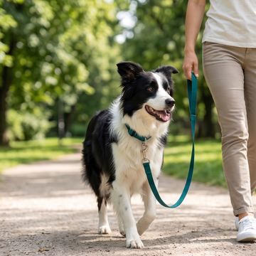 Dog walking on a loose leash beside its owner