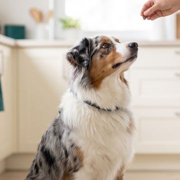 Dog focusing on a treat during training