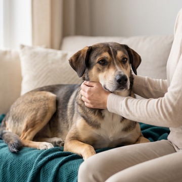 Calm dog relaxing on the couch with its owner